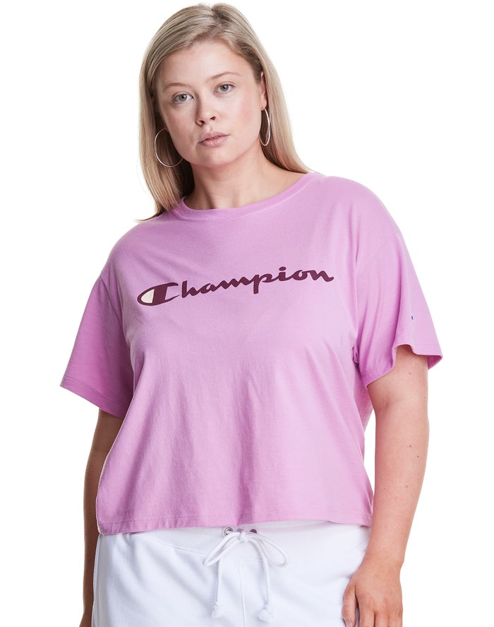 Champion Dame T-Shirts Lyserød - Plus Cropped Script C Logo - Danmark KCF-732591